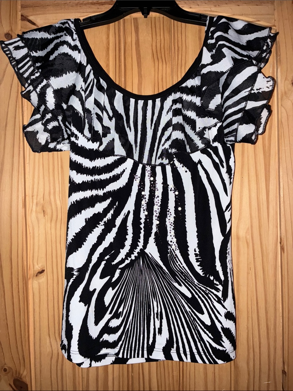 Picadilly Fashion Black and White Zebra-Print Ruffle Sleeve Top
